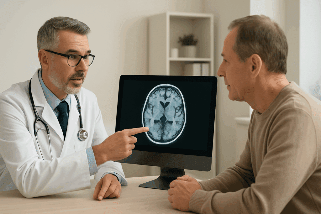 Doctor showing brain scan to patient in medical office while discussing how to stop binge eating treatment options