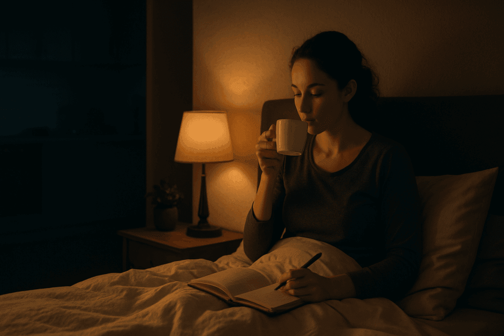 Woman journaling and sipping tea in bed during a calming nighttime routine, illustrating how to stop binge eating by creating a relaxing evening habit.