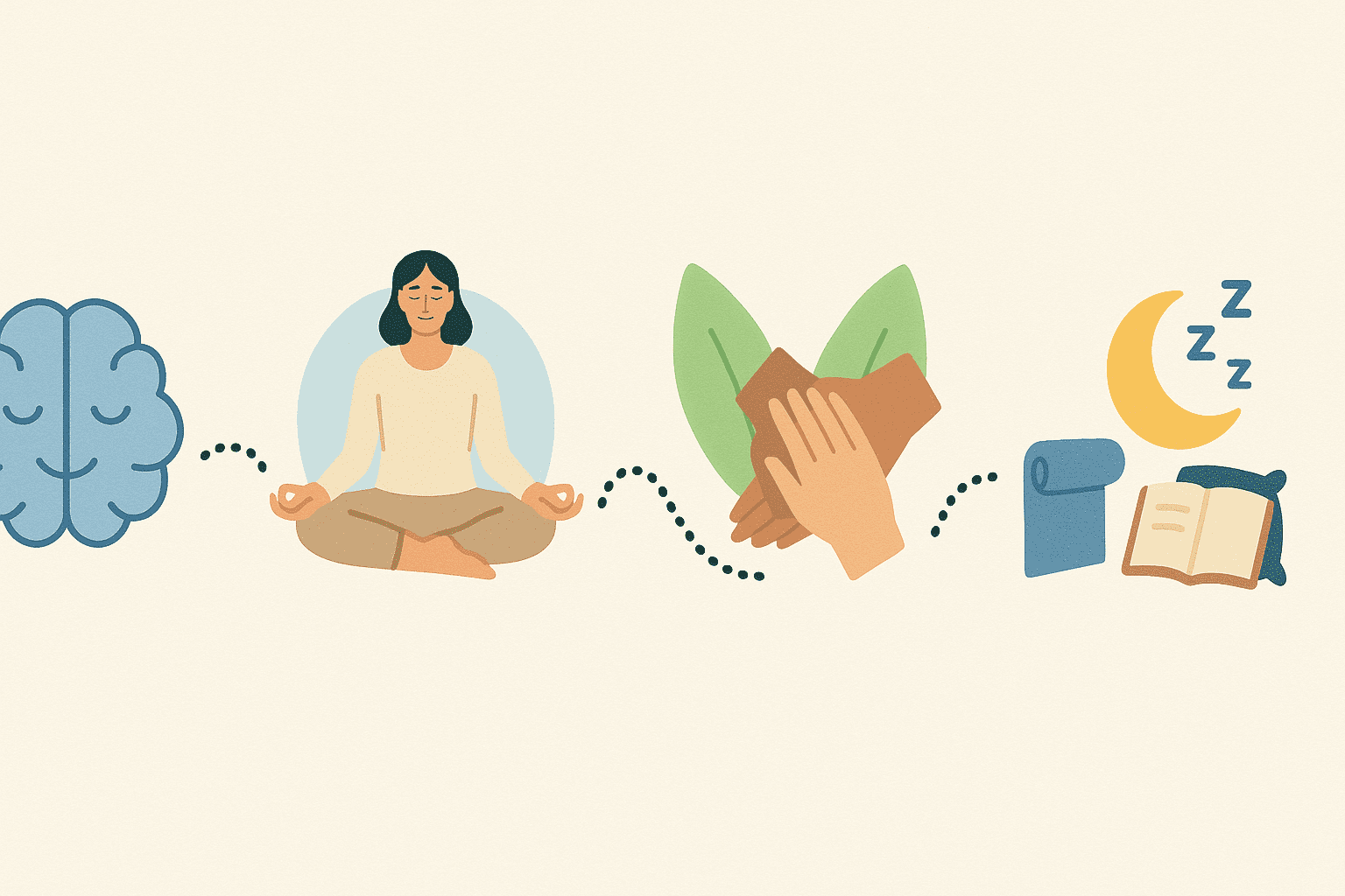 Diagram-style illustration showing how to stop binge eating through emotional regulation, mindfulness, community support, and self-care habits