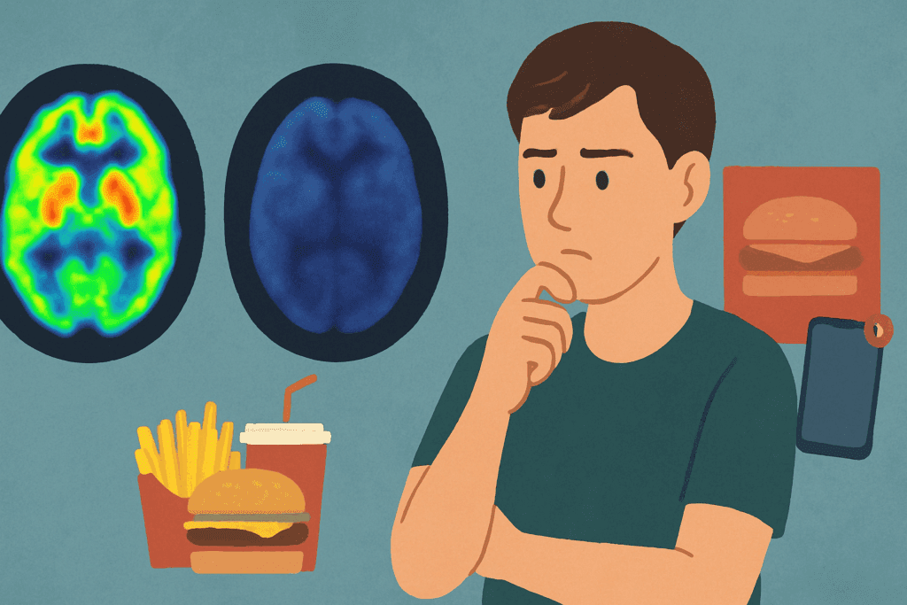 Brain scans showing dopamine response to junk food beside a person tempted by fast food cues, illustrating how to stop eating unhealthy food.