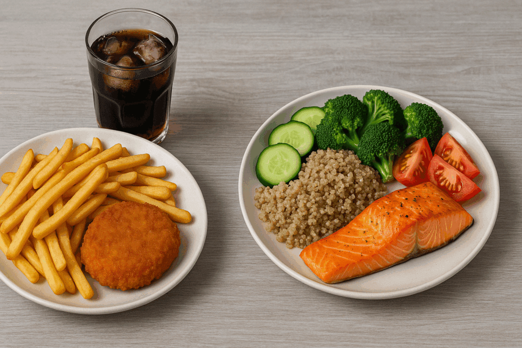 Side-by-side meals showing how to stop eating unhealthy food with a choice between fries and soda or salmon with quinoa and vegetables.