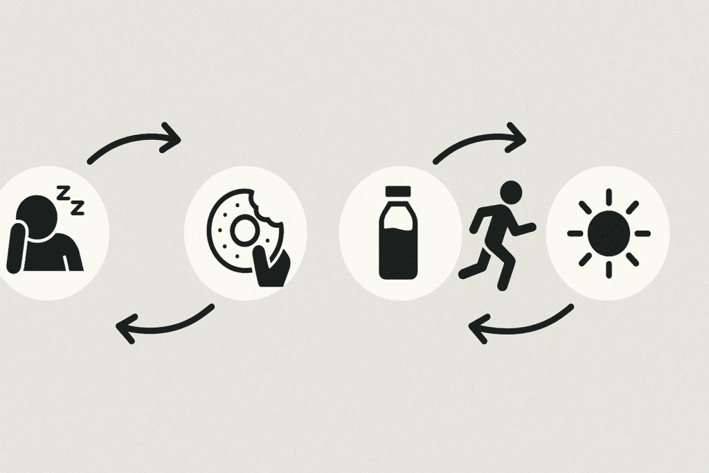 Visual diagram showing how to stop eating unhealthy food by replacing a sugar-snack habit loop with water and exercise
