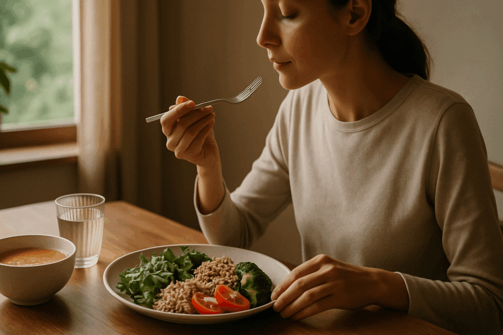 Woman practicing how to stop eating unhealthy food by mindfully enjoying a balanced meal of vegetables and grains at a calm, device-free dining table