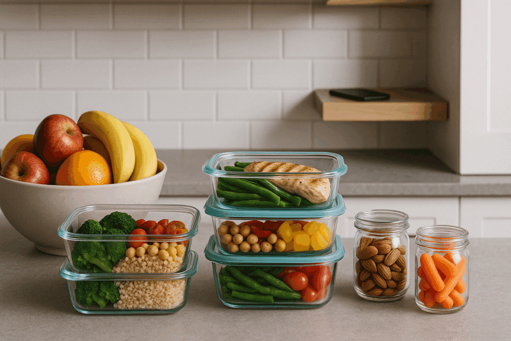 Healthy kitchen setup showing fruit bowl, meal prep containers, and snacks to illustrate how to stop eating unhealthy food