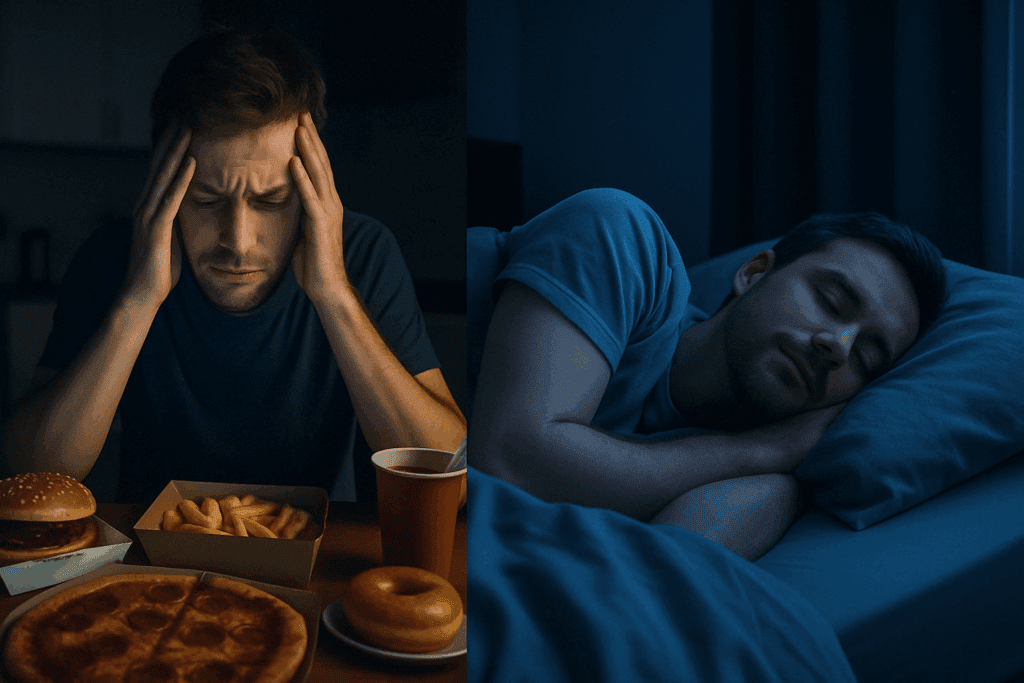 Stressed man eating junk food at night beside peaceful sleeper in dark room, showing how to stop eating unhealthy food through better rest.