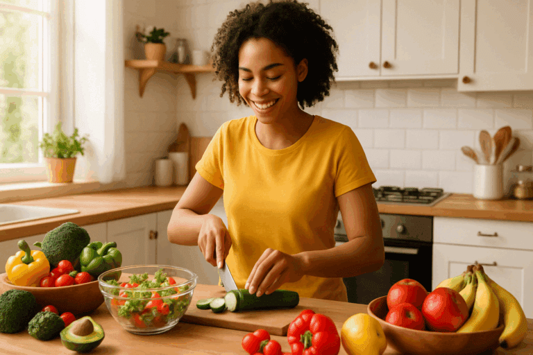 Young woman smiling while preparing a colorful salad in a sunlit kitchen, showing how to stop eating unhealthy food by making nutritious choices.