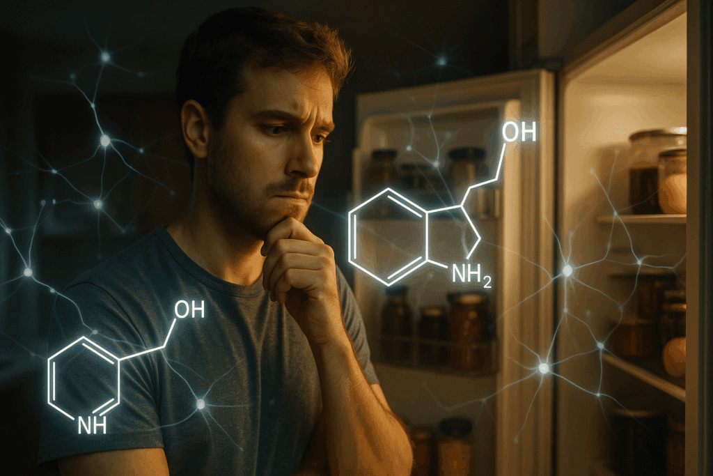 Man staring into an open fridge with glowing dopamine molecules, symbolizing brain chemistry and food cravings—How to Stop Eating When Bored