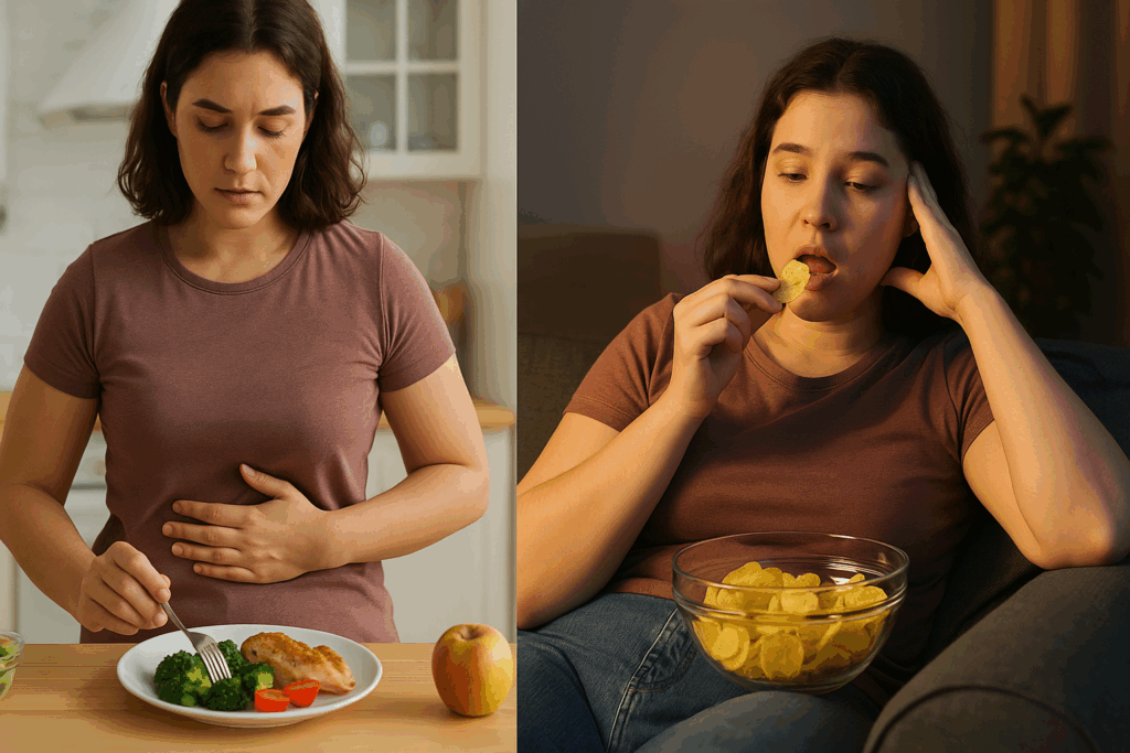 Split-screen of a woman preparing a healthy meal while hungry versus eating chips out of boredom on a couch, illustrating How to Stop Eating When Bored.