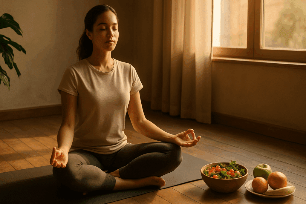 Woman meditating near fresh fruit and salad in sunlit room, practicing mindfulness to learn how to stop eating when bored.