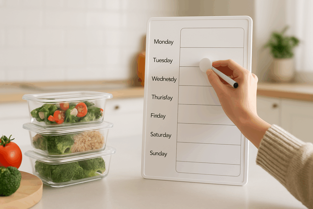 Meal prep containers beside a whiteboard meal planner in a clean kitchen, showing structured routines for How to Stop Eating When Bored.