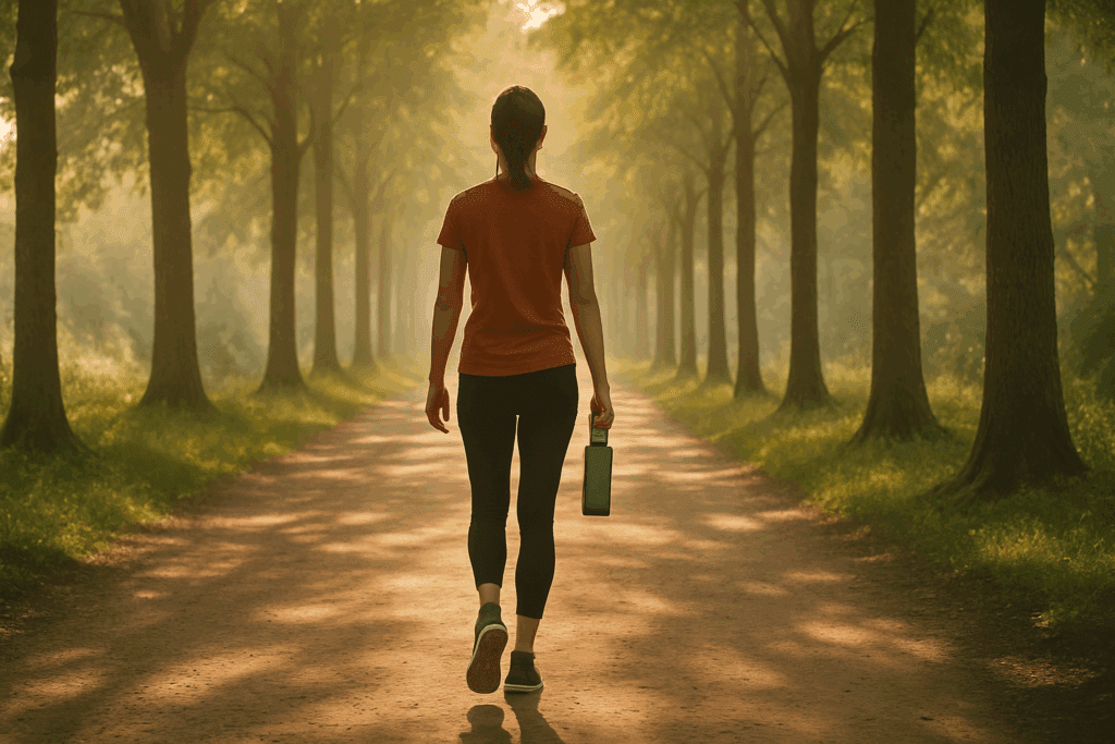 Person walking confidently down a sunlit tree-lined path holding a reusable water bottle, symbolizing mindful habits and How to Stop Eating When Bored.