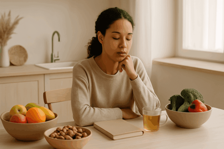 Mindful woman sitting at a kitchen table with herbal tea and healthy snacks, reflecting on how to stop eating when bored
