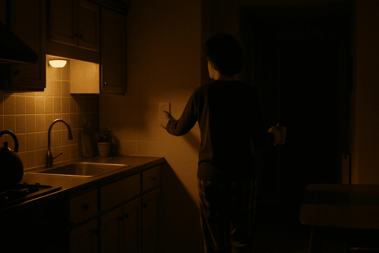 Person in pajamas turning off kitchen light with a cup of tea, showing how to stop eating at night peacefully.
