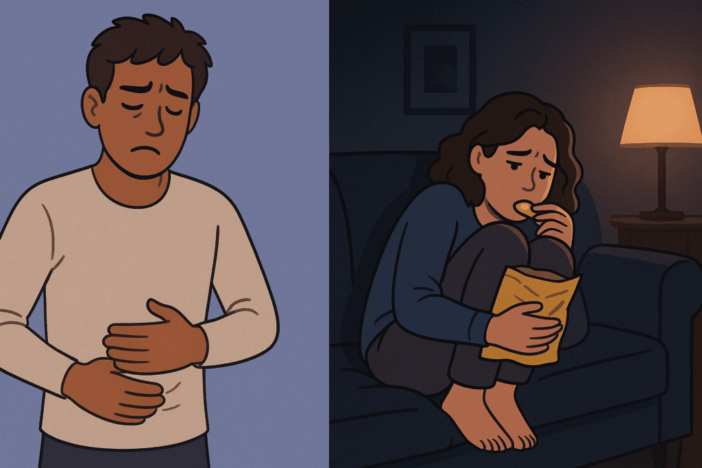 How to Stop Eating at Night: Expert-Backed Strategies to Curb Late Night Cravings and Improve Your Health Naturally 1 Split scene illustrating how to stop eating at night, with one person hungry from skipping meals and another emotionally snacking on a couch in dim light.