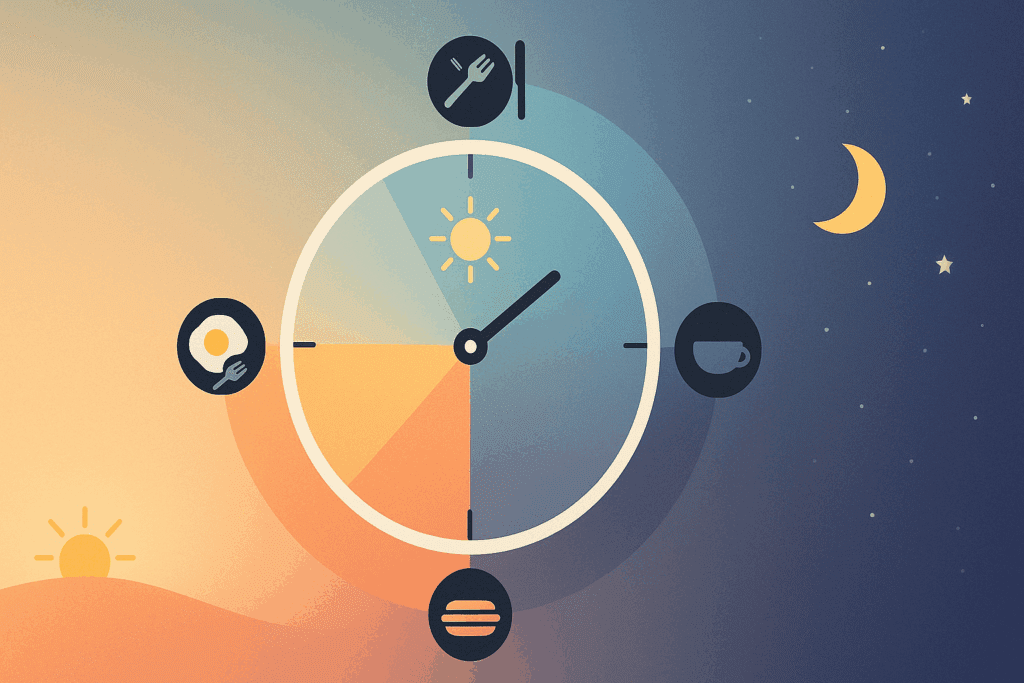 How to Stop Eating at Night: Expert-Backed Strategies to Curb Late Night Cravings and Improve Your Health Naturally 2 Circular circadian rhythm clock showing day-to-night transition with meal icons illustrating how to stop eating at night by aligning food intake with daytime hours.