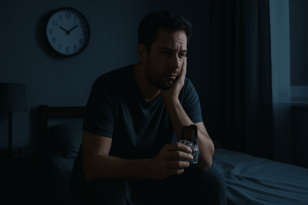 How to Stop Eating at Night: Expert-Backed Strategies to Curb Late Night Cravings and Improve Your Health Naturally 3 Man sitting in a dark bedroom at 2 a.m. holding a snack, appearing distressed, illustrating how to stop eating at night.