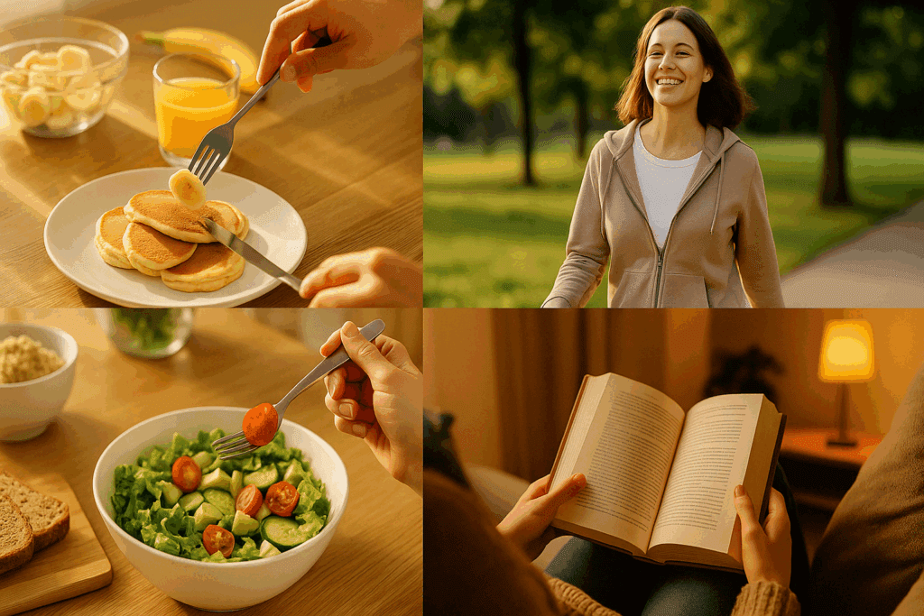 How to Stop Eating at Night: Expert-Backed Strategies to Curb Late Night Cravings and Improve Your Health Naturally 4 Morning-to-evening routine with healthy meals, daytime walk, and evening reading to support sleep and reduce late cravings—how to stop eating at night.