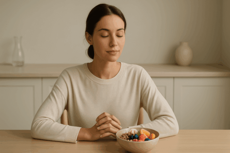 Young woman practicing mindful eating at a calm kitchen table, reflecting on how to stop thinking about food all the time.