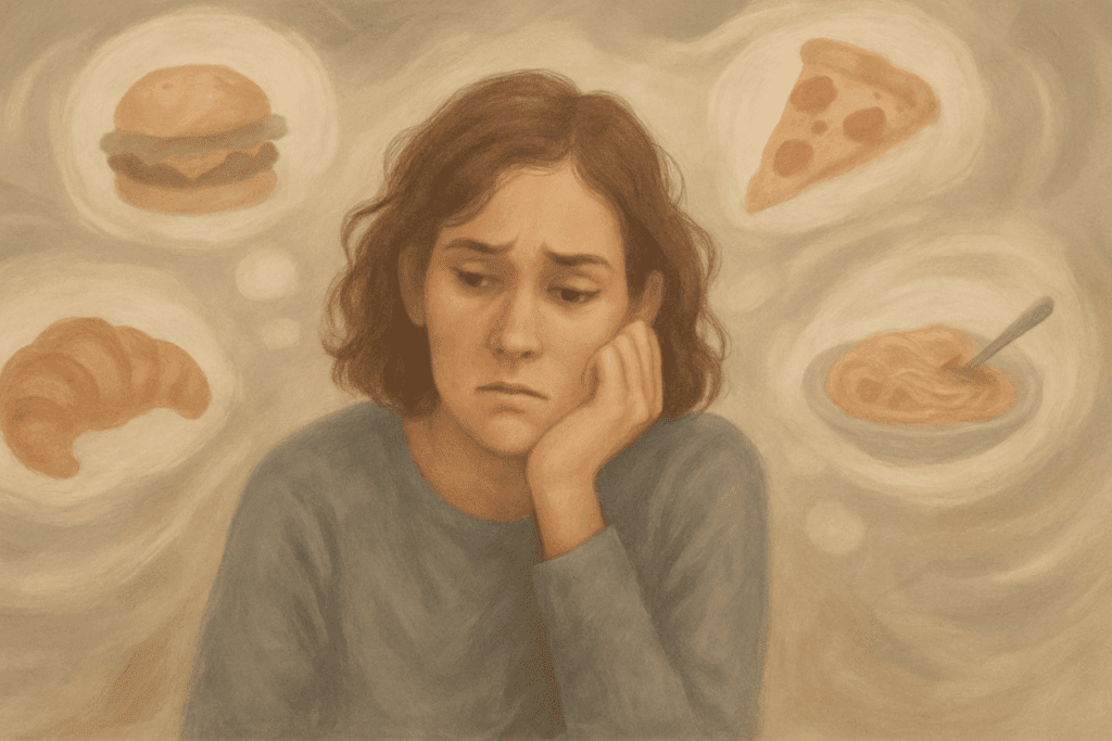 How to Stop Thinking About Food All the Time: Expert Tips for Building a Healthier Relationship with Eating 1 Contemplative woman surrounded by thought bubbles of food, symbolizing mental overload and how to stop thinking about food all the time