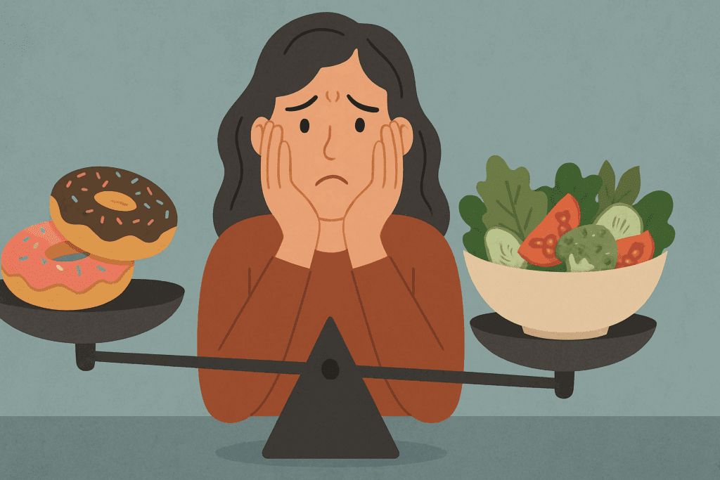 How to Stop Thinking About Food All the Time: Expert Tips for Building a Healthier Relationship with Eating 2 Anxious woman staring at a scale balancing donuts and salad, symbolizing how to stop thinking about food all the time.