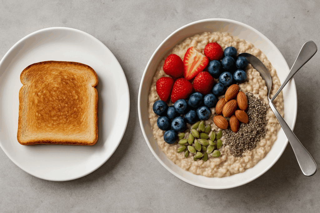 How to Stop Thinking About Food All the Time: Expert Tips for Building a Healthier Relationship with Eating 3 Side-by-side meals showing dry toast versus vibrant oatmeal with berries and seeds, illustrating how to stop thinking about food all the time through nutrient-dense choices.