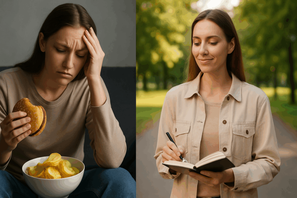 How to Stop Thinking About Food All the Time: Expert Tips for Building a Healthier Relationship with Eating 4 Split-screen of a woman stressed and eating junk food vs. calmly journaling outdoors, illustrating how to stop thinking about food all the time.