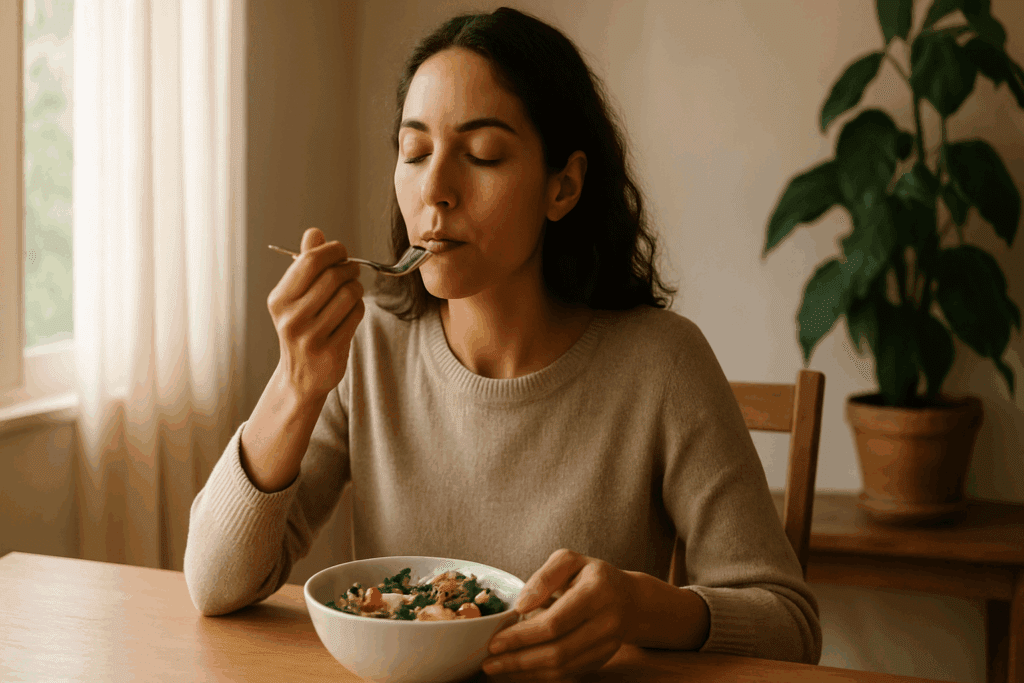 How to Stop Thinking About Food All the Time: Expert Tips for Building a Healthier Relationship with Eating 5 Woman practicing mindful eating alone at a sunlit table, embodying how to stop thinking about food all the time through presence and awareness.