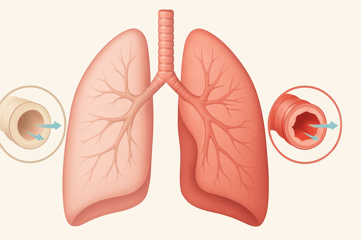 Medical illustration comparing healthy lungs and inflamed airways during an asthma attack to show how to strengthen lungs with asthma