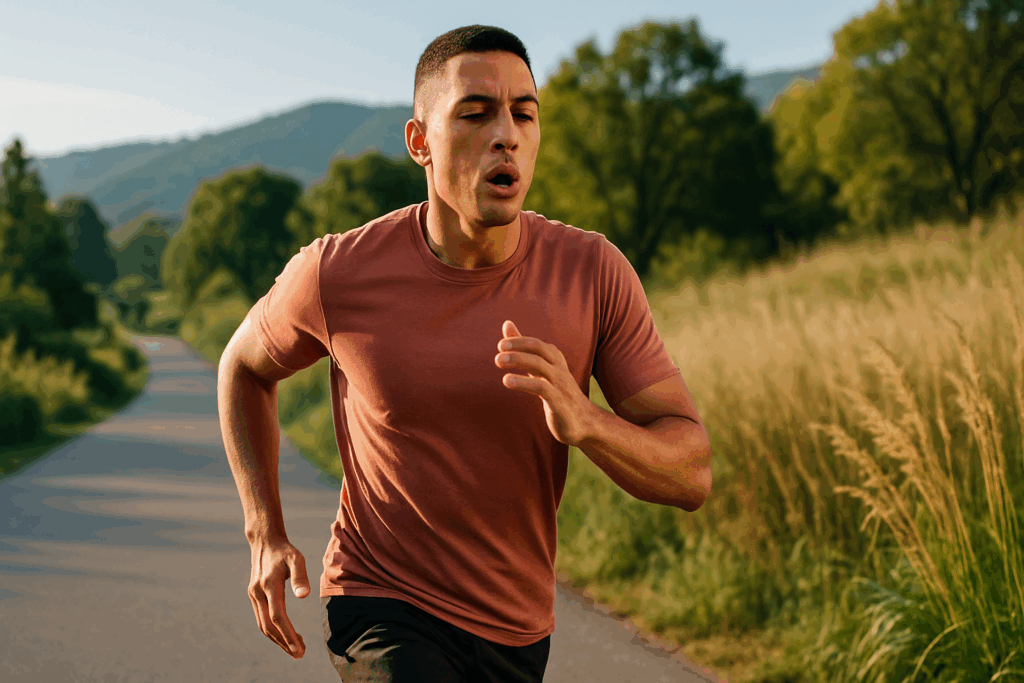 Athletic man jogging outdoors using rhythmic breathing to strengthen lungs with asthma in a green, scenic setting
