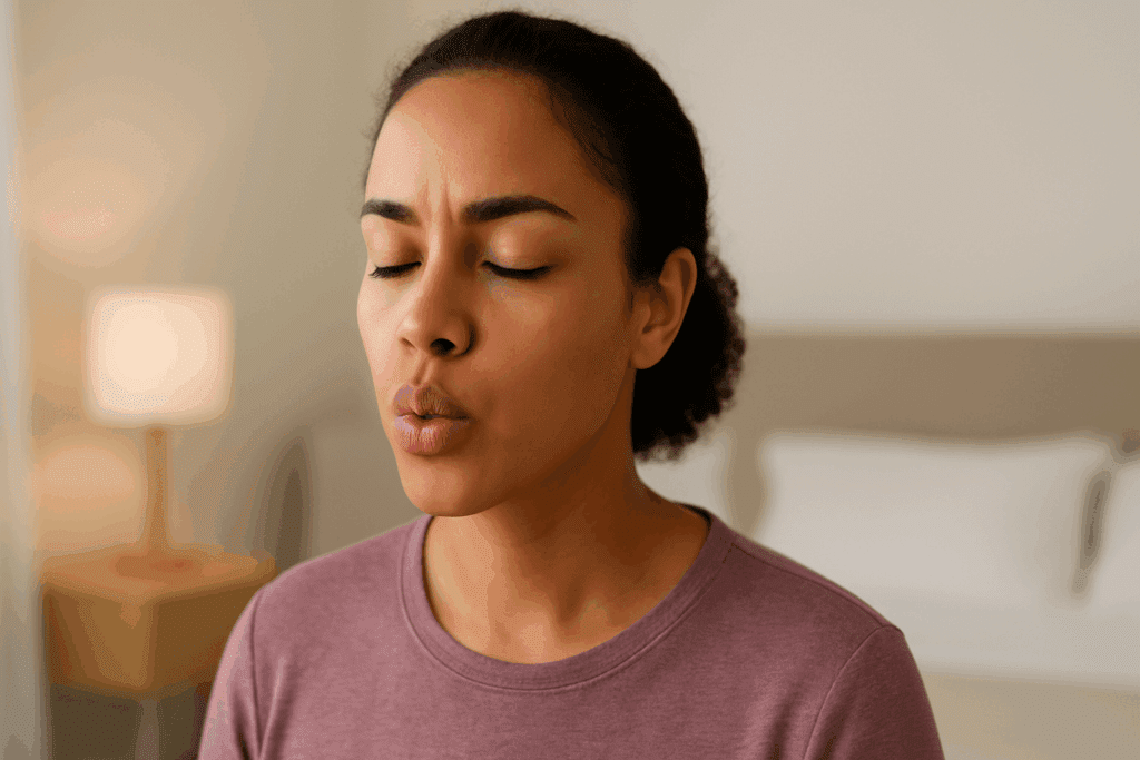 Woman practicing pursed-lip breathing in a bedroom to strengthen lungs with asthma, eyes closed and expression calm.