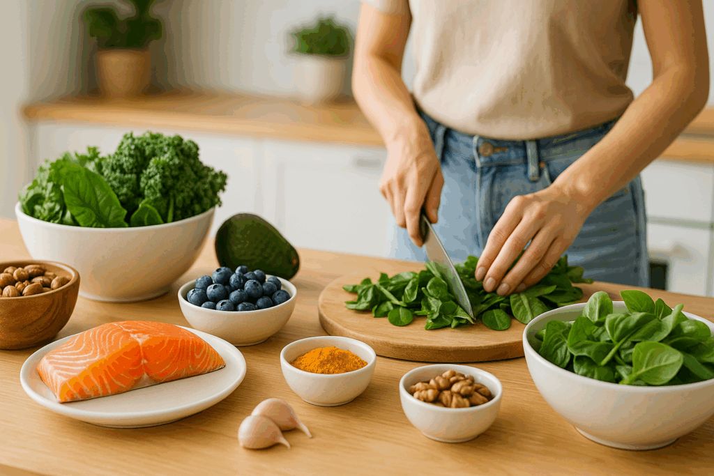 Person preparing anti-inflammatory foods like salmon, turmeric, and leafy greens to support a healthy diet that helps strengthen lungs with asthma