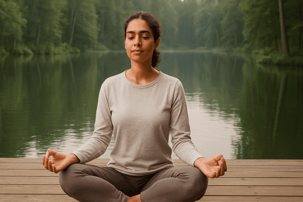 Woman meditating peacefully by a forest lake to strengthen lungs with asthma through controlled breathing