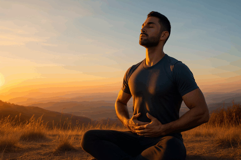 Man practicing deep breathing at sunrise on a hilltop, promoting mindfulness to strengthen lungs with asthma