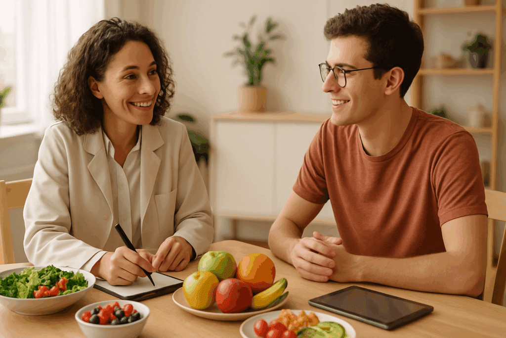 Registered dietitian and young adult discussing a colorful meal plan during a recovery session, illustrating how to treat bulimia with nutrition