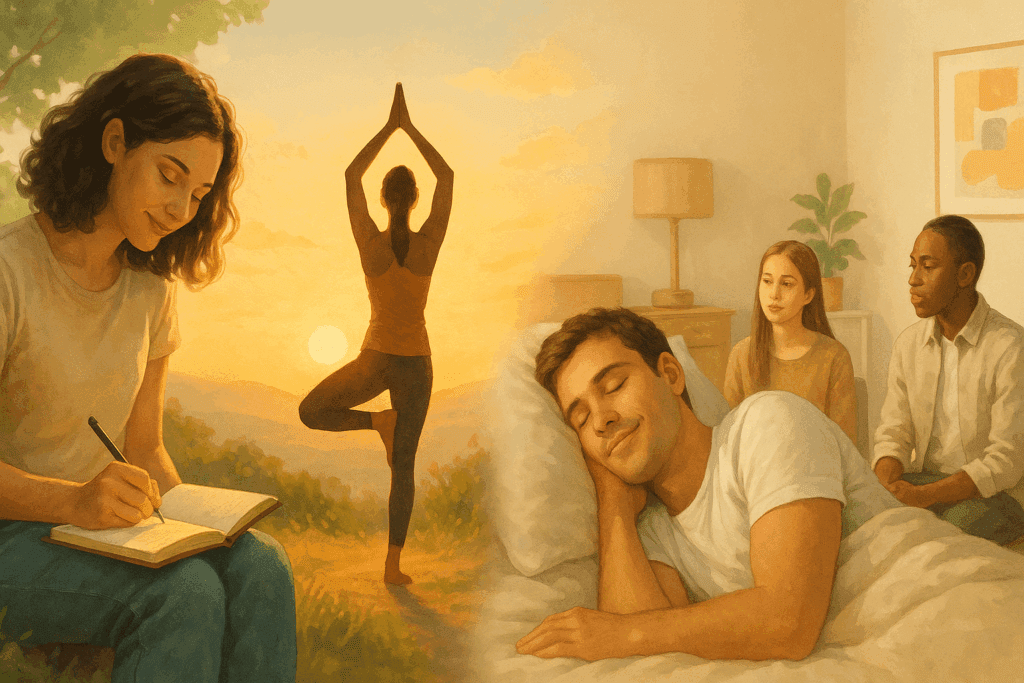 Montage of healthy habits supporting recovery: journaling outdoors, sunrise yoga, restful sleep, and group art therapy—visual guide for How to Treat Bulimia naturally.