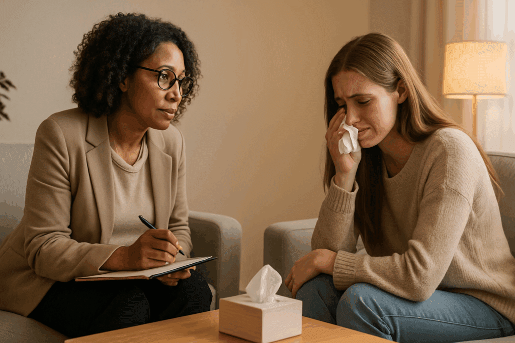 Therapist providing emotional support during a private counseling session, illustrating how to treat bulimia through compassionate talk therapy.