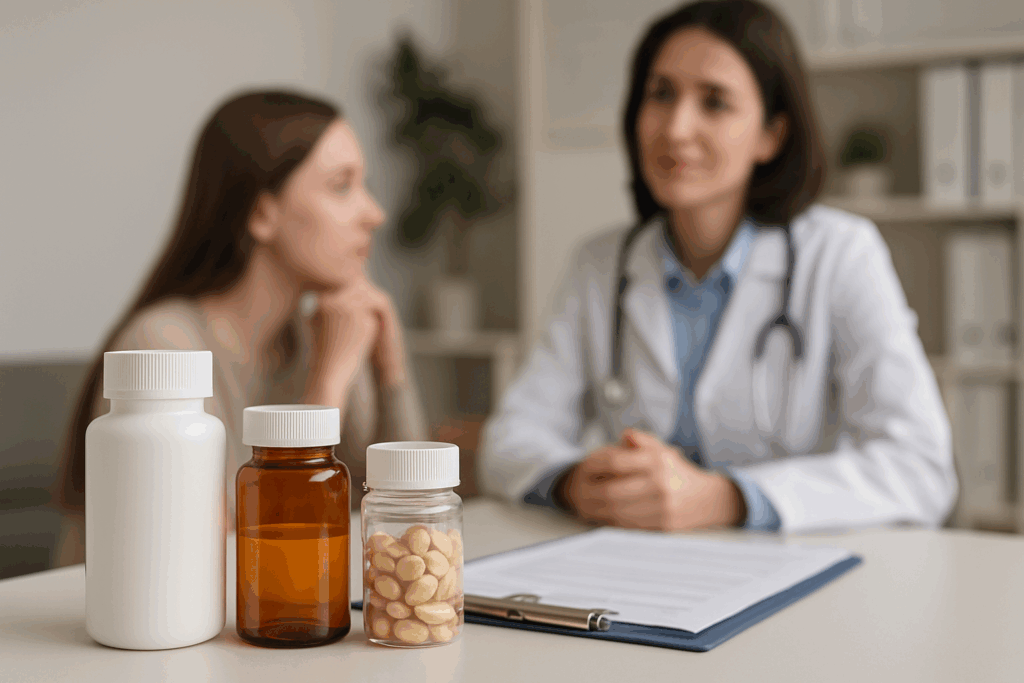 Prescription bottles and supplements on a therapist’s desk during a consultation about how to treat bulimia.