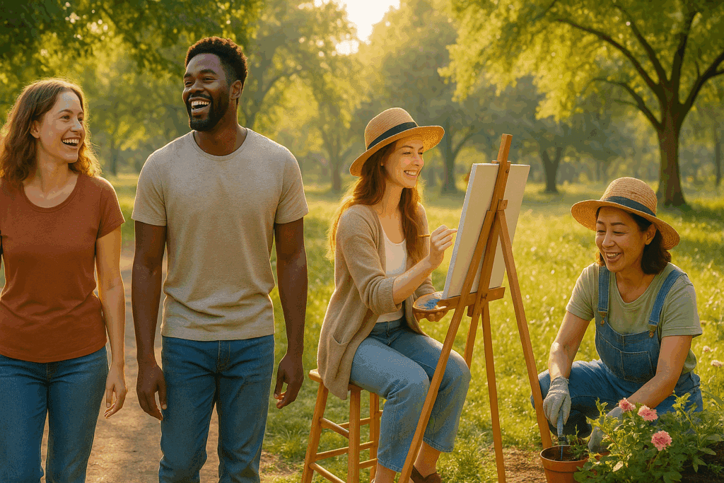 Diverse group enjoying outdoor activities in a sunny park, symbolizing recovery and hope in How to Treat Bulimia