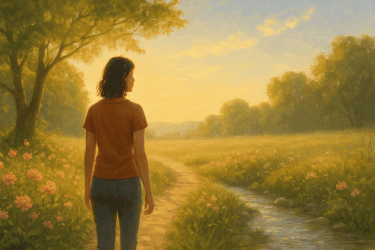 Young adult walking a peaceful forest path at golden hour, symbolizing holistic healing and emotional recovery for How to Treat Bulimia.