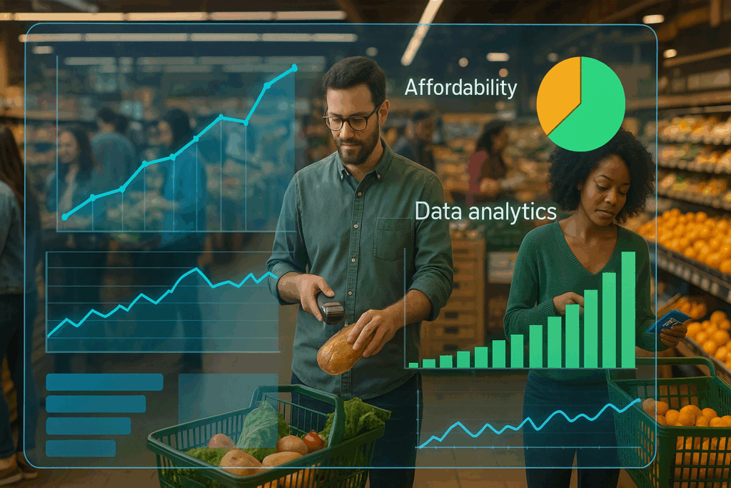 Inside Whole Foods Market HQ: How Amazon’s Ownership is Shaping the Future of Healthy, Mindful Eating 4 Digital financial dashboard overlaying a busy grocery aisle at Whole Foods Market HQ, showing data analytics, revenue charts, and shoppers using Prime benefits.