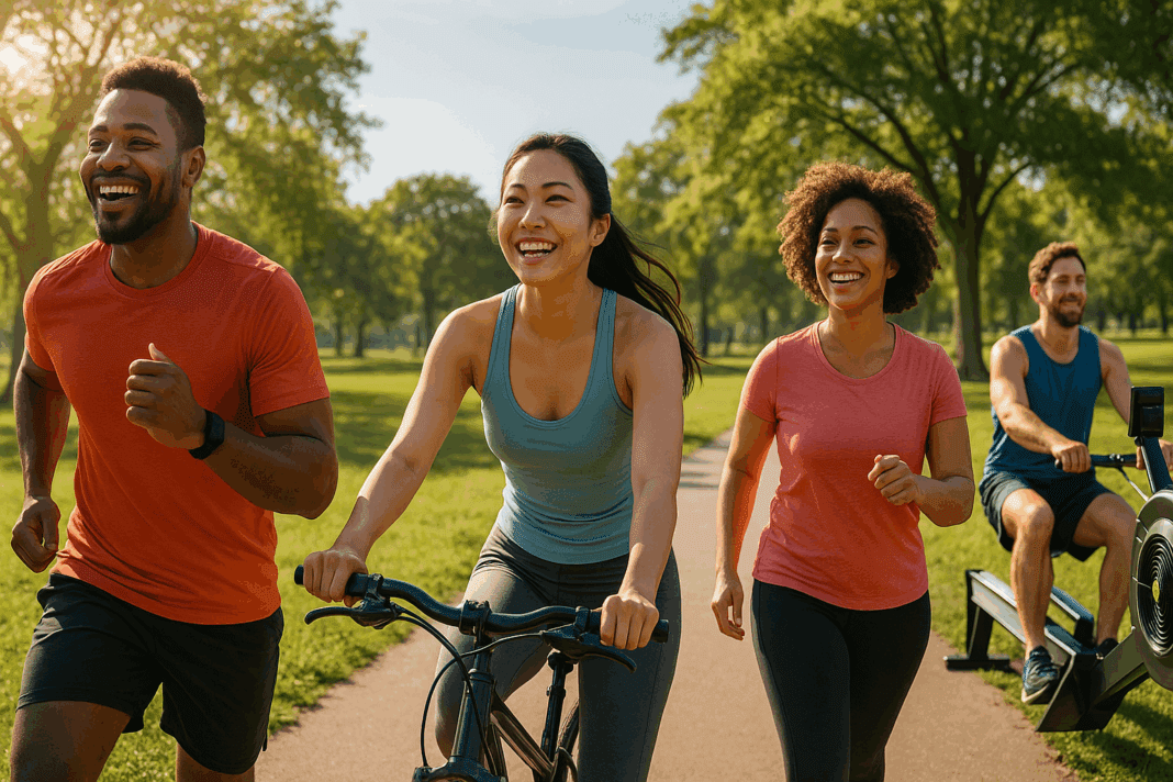 Diverse group exercising outdoors, running, cycling, rowing, and brisk walking in a sunny park to promote 30 minutes of cardio a day