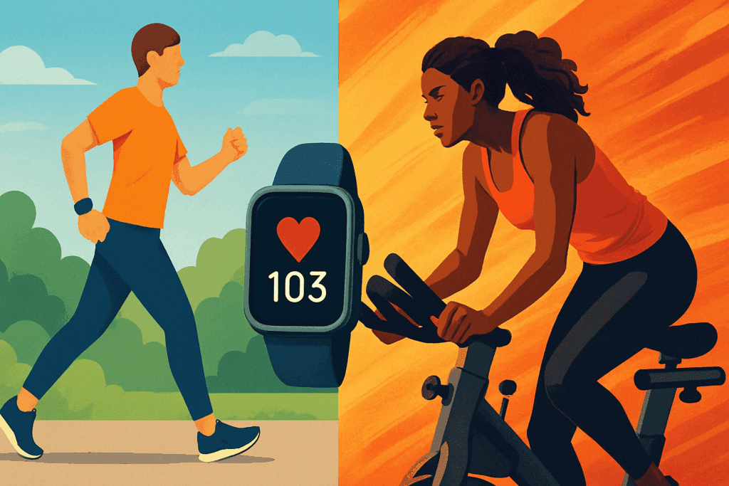 Is 30 Minutes of Cardio a Day Enough? What Science Says About Daily Cardio for Endurance and Performance 1 Brisk walking with a smartwatch tracking heart rate and a woman doing an intense spin class, illustrating 30 minutes of cardio a day at moderate and vigorous intensities.