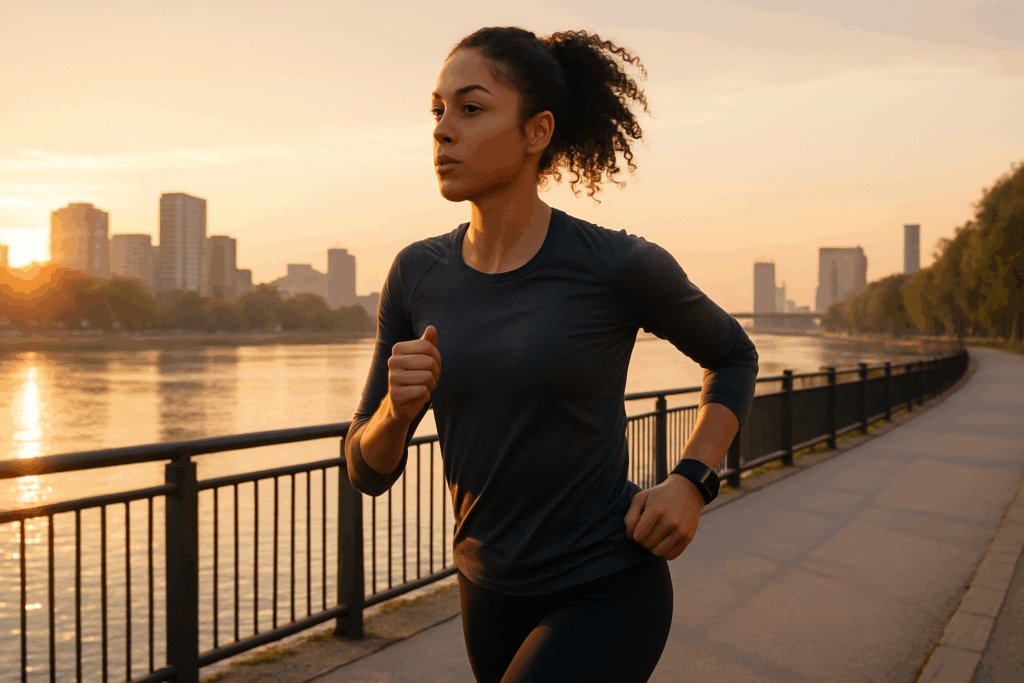 Is 30 Minutes of Cardio a Day Enough? What Science Says About Daily Cardio for Endurance and Performance 2 Young woman jogging along an urban riverfront at sunrise, building endurance through 30 minutes of cardio a day.