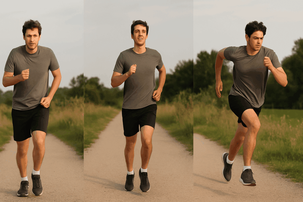 Is 30 Minutes of Cardio a Day Enough? What Science Says About Daily Cardio for Endurance and Performance 3 Man progressively jogging, running, and sprinting outdoors to illustrate the benefits of 30 minutes of cardio a day for building stamina