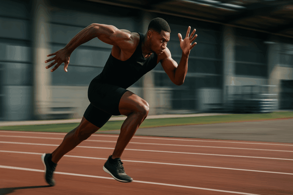 Is 30 Minutes of Cardio a Day Enough? What Science Says About Daily Cardio for Endurance and Performance 4 Professional athlete sprinting on a track, showcasing the power and speed benefits of 30 minutes of cardio a day.