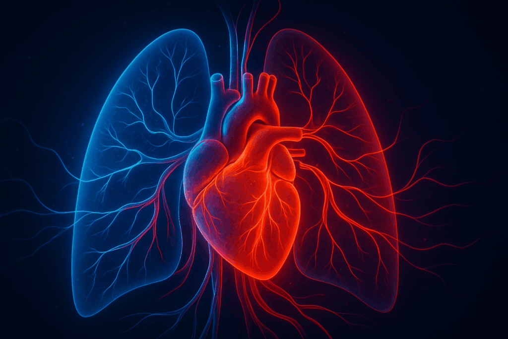 Is 30 Minutes of Cardio a Day Enough? What Science Says About Daily Cardio for Endurance and Performance 5 Stylized futuristic visualization of a human heart and lungs interconnected by glowing arteries, symbolizing improved circulation from 30 minutes of cardio a day.
