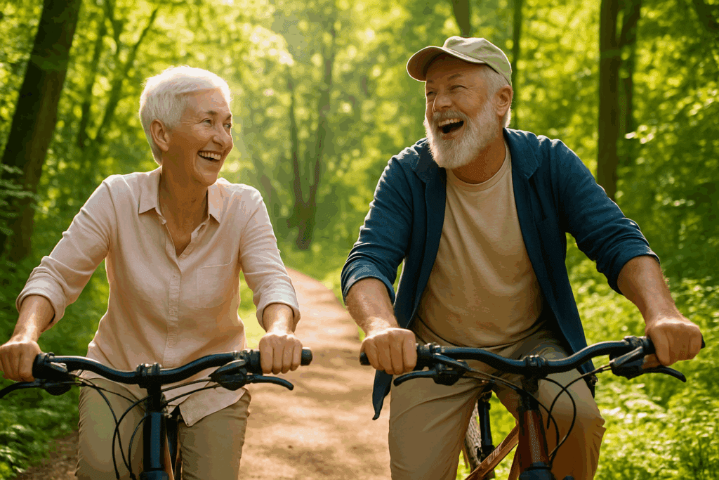 Is 30 Minutes of Cardio a Day Enough? What Science Says About Daily Cardio for Endurance and Performance 6 Older adult couple cycling through a sunlit forest trail, showing the vitality gained from 30 minutes of cardio a day