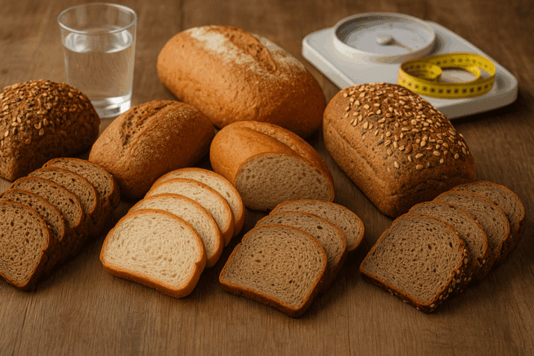 Assortment of whole grain, white, rye, and multigrain breads with a scale and water glass, illustrating the debate: is bread bad when losing fat
