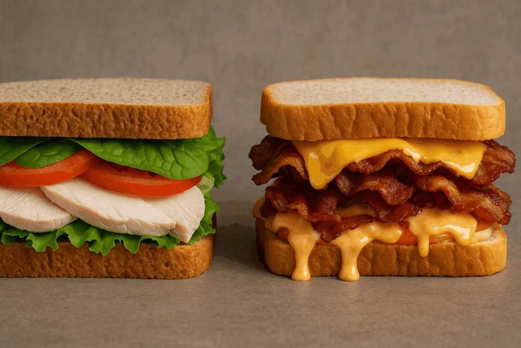 Side-by-side sandwiches comparing healthy and high-calorie options, illustrating the debate: is bread bad when losing fat