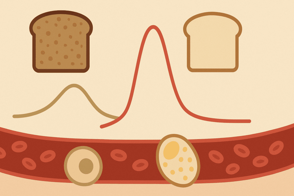 Scientific illustration comparing insulin response to whole grain vs refined bread, showing glucose spikes to explore is bread bad when losing fat.